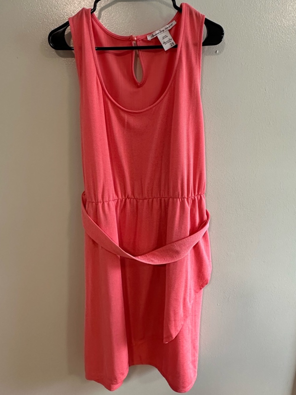 American Rag Dress 2X Coral Sleeveless Tie Waist Keyhole Back Stretch Knit
